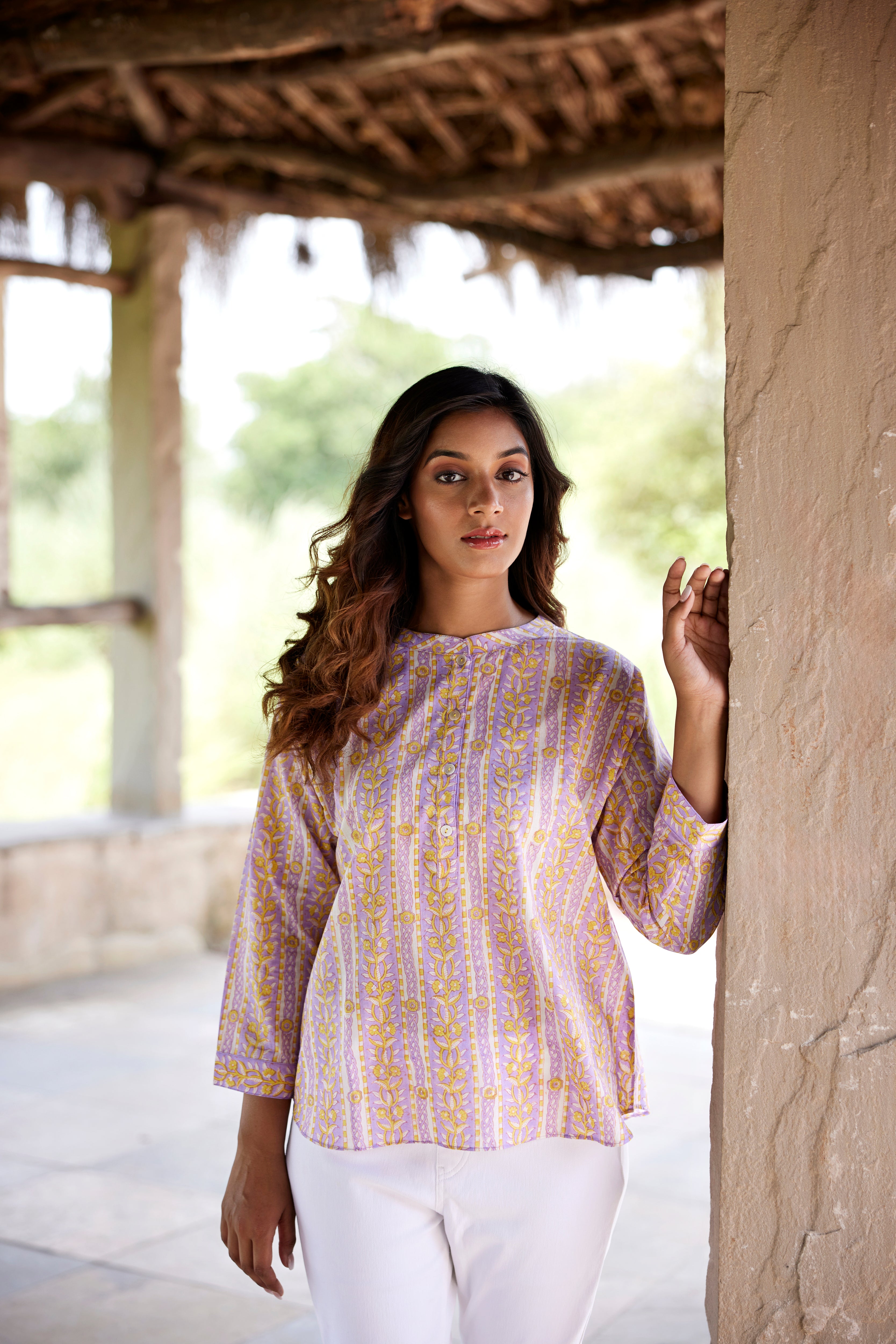 Block Print on Off White Yellow Cotton Border Top | Jaipurrang | Hand Block Print Ethnic Wear