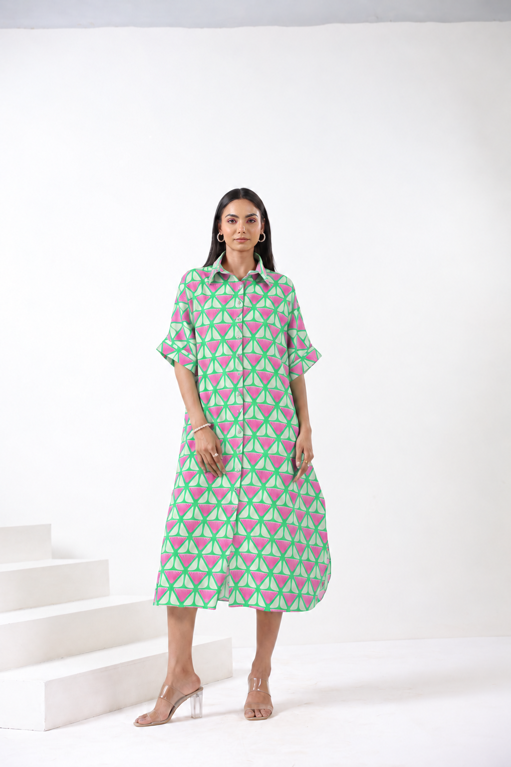 Pink Green Cotton Shirt Dress