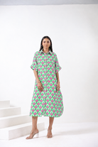 Pink Green Cotton Shirt Dress