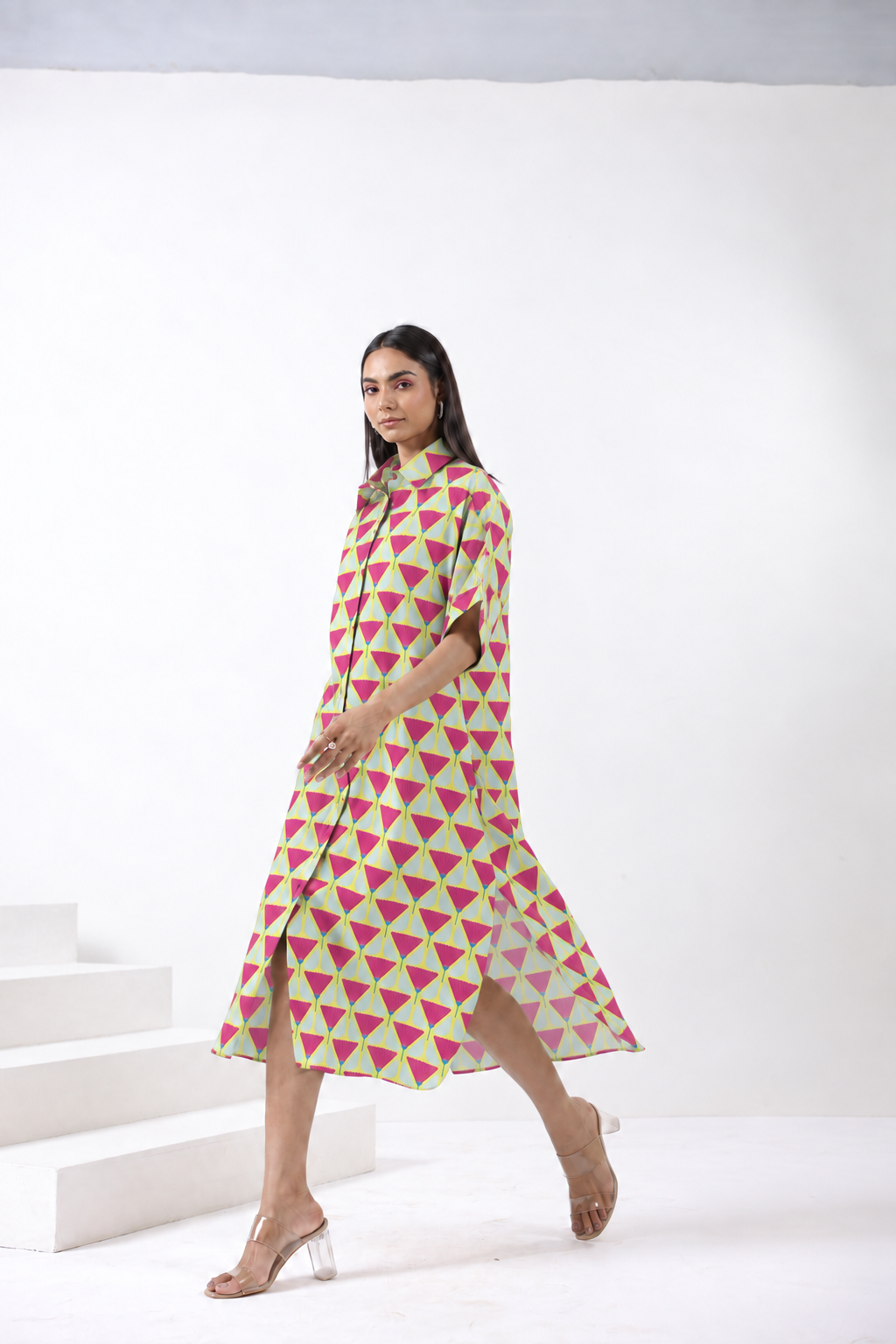 Yellow Pink Cotton Shirt Dress