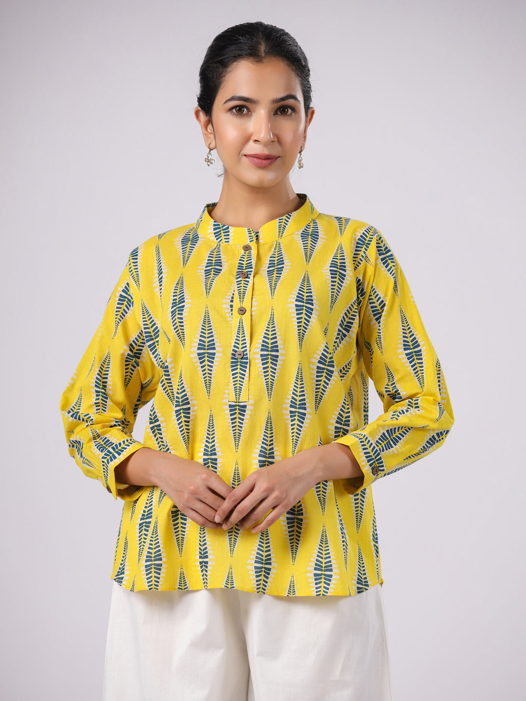Diamond Print on Yellow Cotton Shirt | Jaipurrang | Women's Ethnic Wear