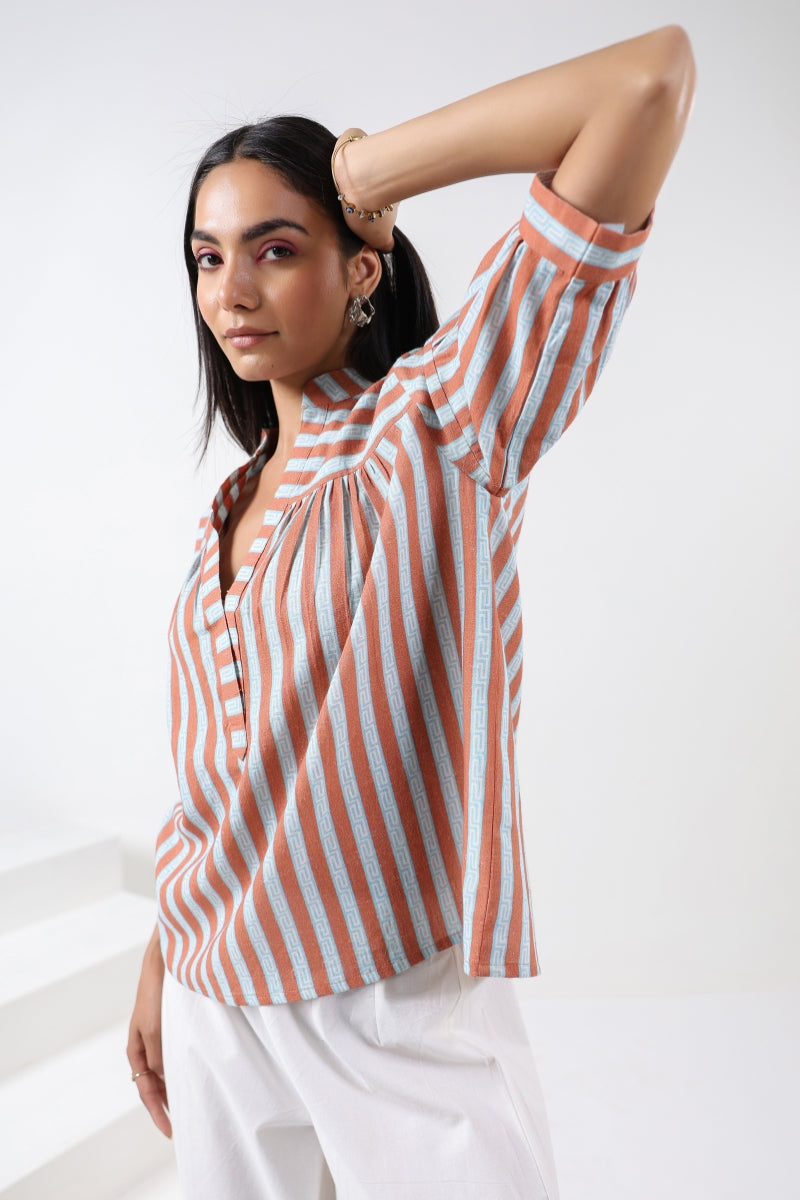 TURQUOISE/BROWN STRIPE SHIRT
